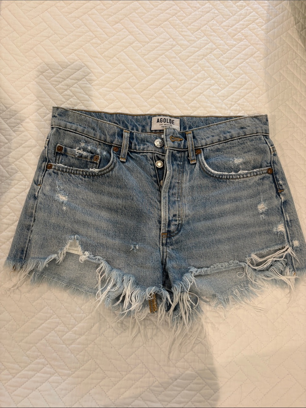 Agolde Light Wash Distressed Denim Cutoff Shorts - size 25